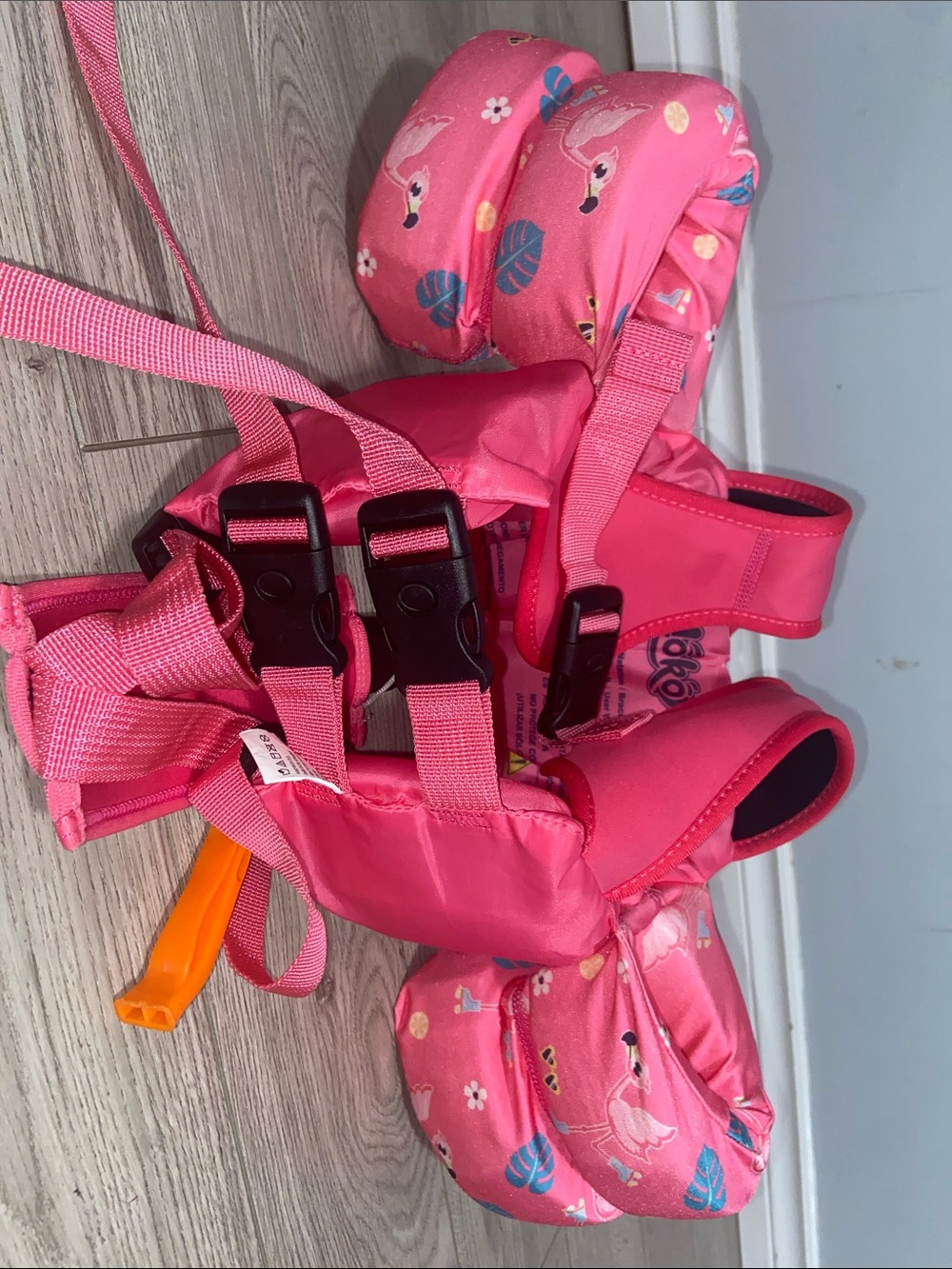 Moko Kids Pink Swim Arm Band Vest with Flamingo Print and a whistle.